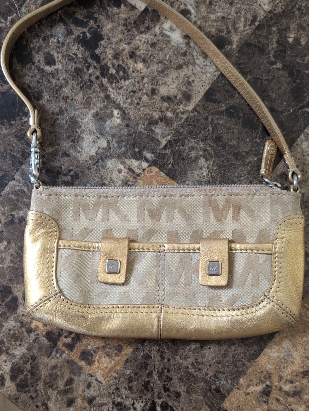 Michael Kors Gold and Beige Signature Mini Wristlet